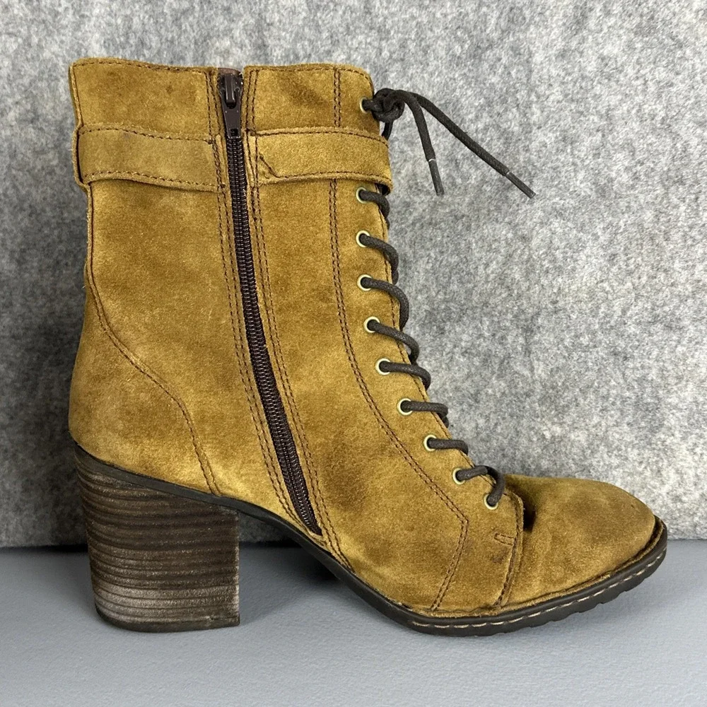 BORN Boots Women's 10 M Brown Cass Suede Block Heel Lace Up & Zip Buckle F34826